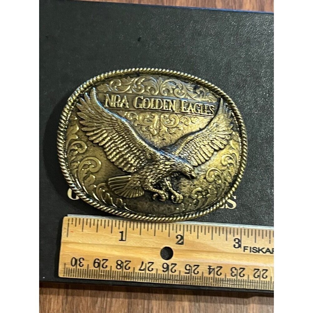 NRA Belt Buckle L Gold Eagle National Rifle Association Brass Novelty Sports 80s - Picture 7 of 9